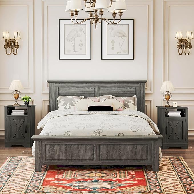 RoyalCraft 25" Tall Nightstands Set of 2, Farmhouse Nightstand with Charging Station, Large End Table with Storage, Wood Grey Bedside Table for Bedroom, Dark Grey