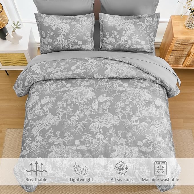 DJY Grey Comforter Set Queen, 7 Pieces Grey Botanical Comforters Queen Size Elegant Plants Print with Sheets Bed in a Bag Soft Microfiber Reversible Complete Bedding Sets for All Season