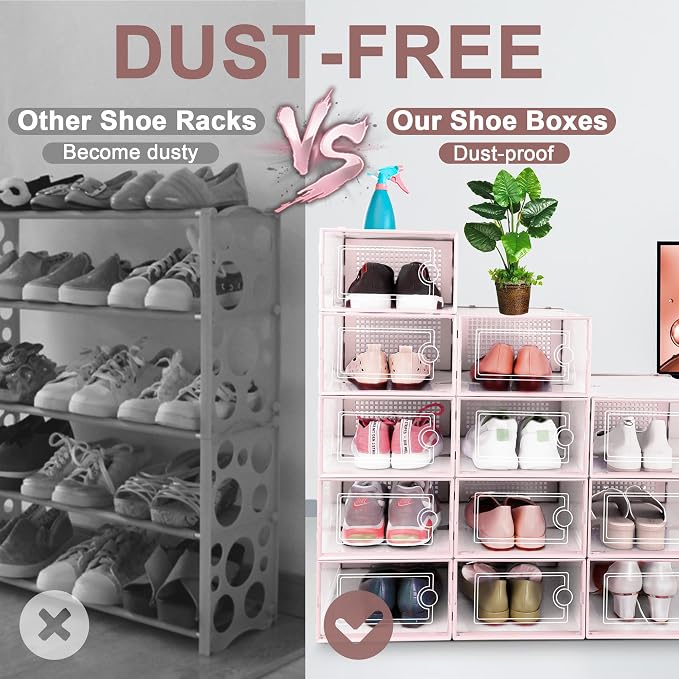 Kuject Shoe Organizers Storage Boxes for Closet, 12 Pack Clear Plastic Stackable Storage Bins with Lids, Under Bed Shoe Containers for Entryway, Drop Front, Fit up to Women's Size 10,Pink - Image 4
