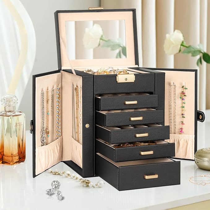 AKOZLIN 6-Tier Jewelry Box Lockable Leather Jewelry Storage Case with 5 Drawers for Women Girls Ring Necklace Earring Bracelet Holder Organizer with Mirror - Image 8