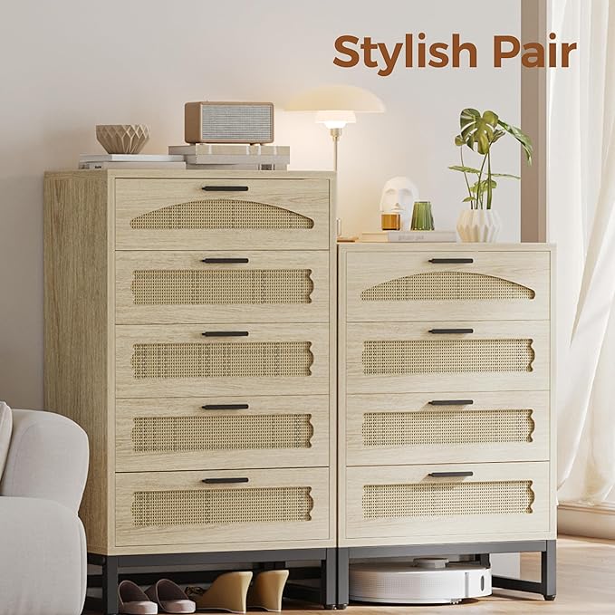Mericonia 5 Drawer Rattan Dresser for Bedroom, Wood Tall Dresser for Closet with Metal Handles, Boho Nightstand Sets, Dressers & Chests of Drawers for Bedroom, Hallway and Entryway, Oak