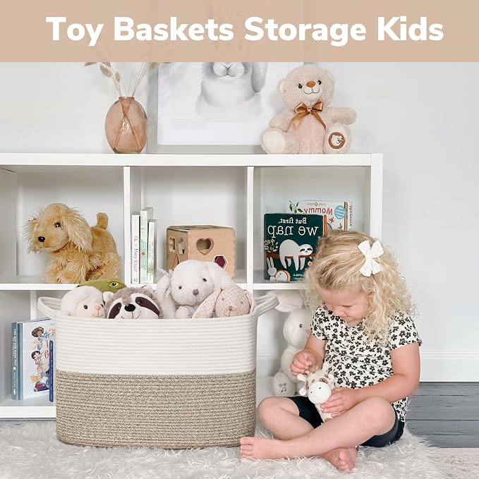 Goodpick Woven Baskets for Organizing, 18" x 14" x 12" Blanket Storage for Living Room Home Decor, Rectangle Toy Storage Basket for Kids, Large Gift Baskets Empty, White & Brown - Image 4