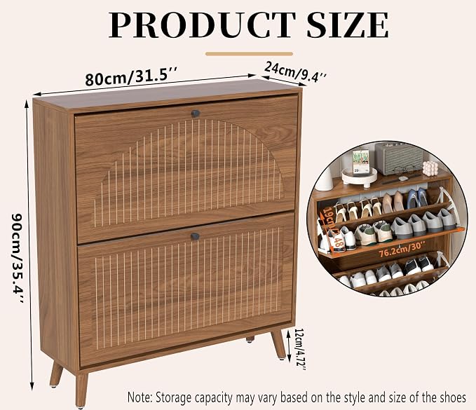 Fsbecl Shoe Storage Cabinet for Entryway with 2 Flip Drawers, Narrow Wood Shoe Cabinet with Fluted Panel, Freestanding Hidden Shoe Organizer for Foyer, Hallway (Walnut) - Image 2