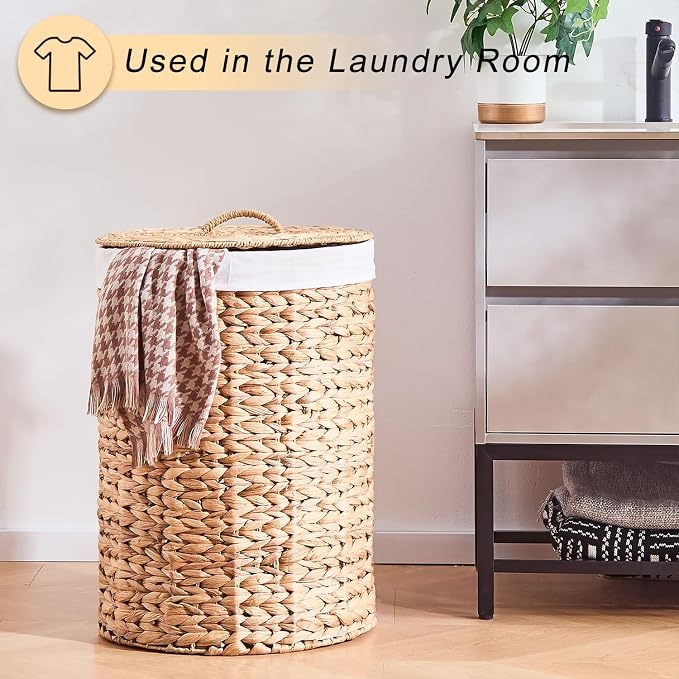 Round Water Hyacinth Laundry Hamper with Lid Handwoven Wicker Basket with Handles for Dirty Clothes, Storage, and Organization Ideal for Bedroom, Bathroom, and Laundry Room, No Assembly Required, 2Pcs - Image 3