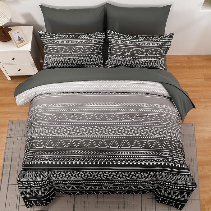 WONGS BEDDING Black Grey Boho Comforter Set King Size 7 Piece Stripe Gradient Bed Set Bed in a Bag Bedding Set for All Seasons Reversible Soft Microfiber Comforter with Sheets, Pillowcases & Shams