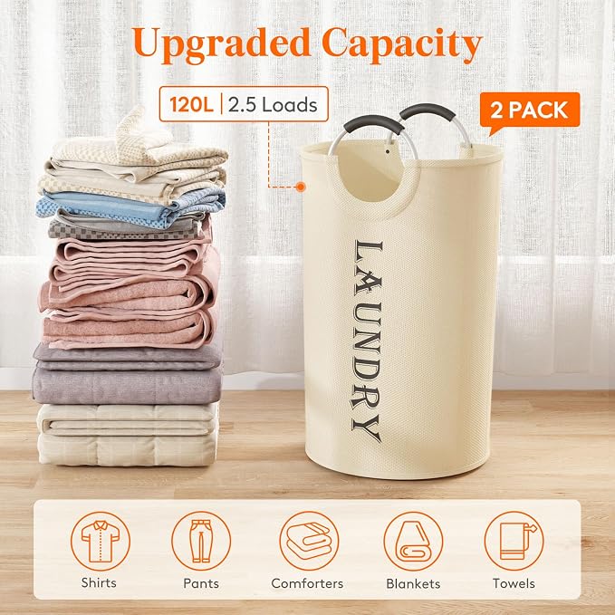 Lifewit 120L 2-Pack Large Laundry Basket, Collapsible Laundry Hamper with Aluminum Handles, Waterproof Freestanding Dirty Clothes Hampers for Laundry Room Bedroom Dorm Bathroom, White - Image 4