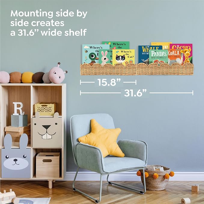 Nursery Book Shelves Set of 2 - Artisanal Natural Rattan Scalloped Book Shelf for Kids Rooms 15.8" W, Cute Wicker Nursery Bookshelf Wall Mounted, Handwoven Floating Kids Bookshelf, Baby Boho Decor - Image 9