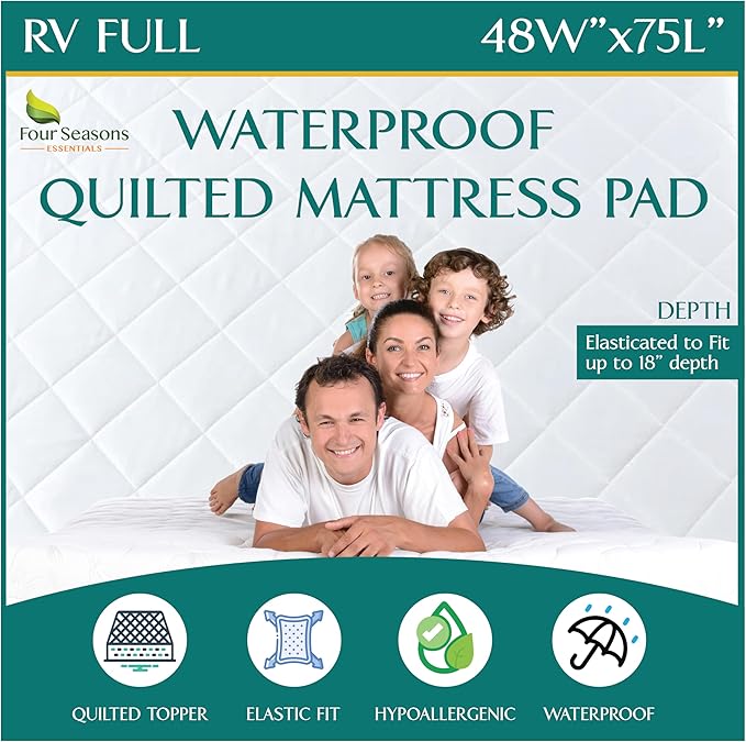 RV Full Size Waterproof Mattress Pad - Fitted Mattress Protector with Quilted Pillow Top Mattress Topper - Premium Quality Hypoallergenic Mattress Cover (48”x75”) RV Short Full