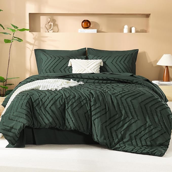 Litanika Forest Green California King Size Comforter Set with Sheets - 7 Pieces Bed in a Bag King Boho Tufted Complete Beddding Sets with Comforter, Sheets, Pillowcases & Shams
