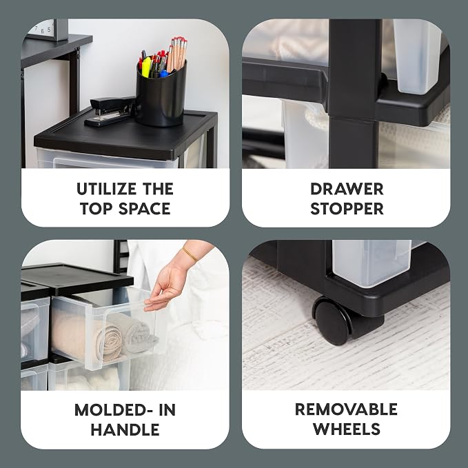 IRIS USA Plastic 3-Drawer Storage Organizer Rolling Cart, with Wheels Casters, 2-Pack, for Classroom Art Supplies Bathroom Dorm Bedroom Laundry Room, Slim Narrow, Black/Clear - Image 3