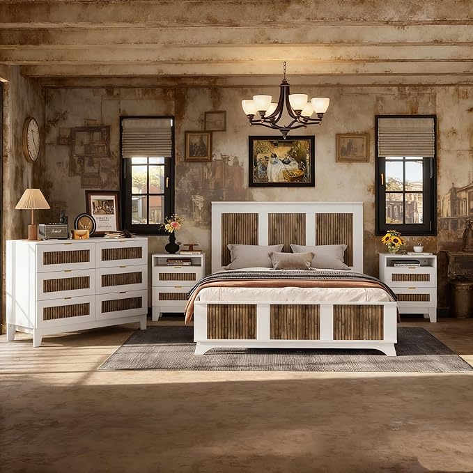 SOFTSEA 4 Piece Queen Size Bedroom Set with Storage, Farmhouse Solid WOD Platform Bed with Wooden Strip Decoration, 4 Piece Bedroom Furniture Set, White