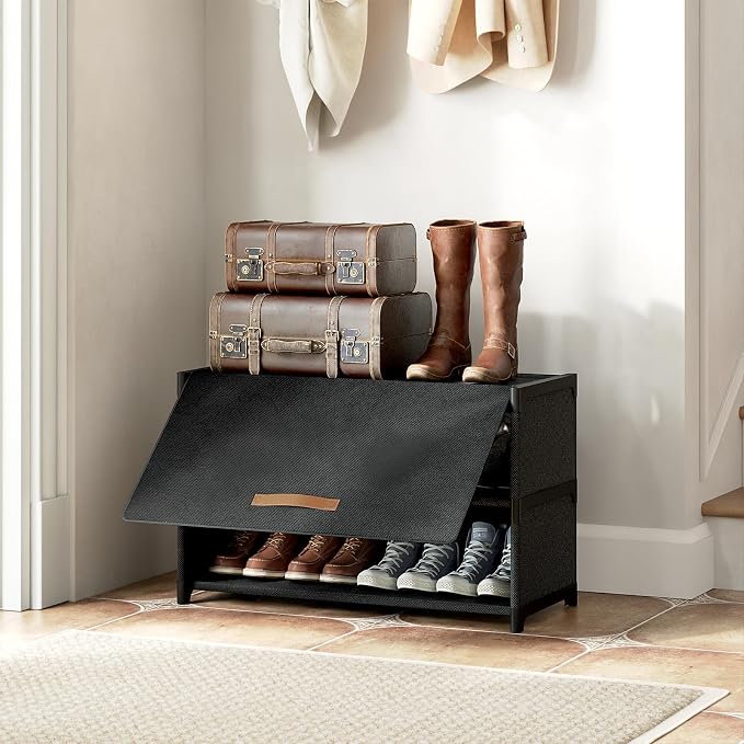 Shoe Rack, 3 Tier Shoe Storage Cabinet with Door 12 Pair Plastic Shoe Shelves Organizer for Closet, Entryway, Hallway, Bedroom, Black - Image 5