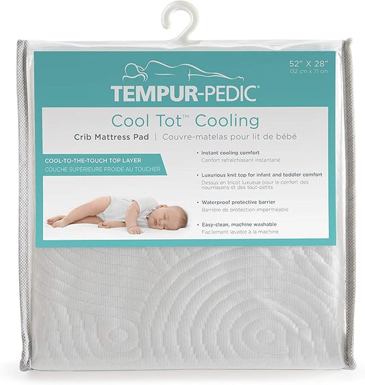 Tempur-Pedic Cool Tot Cooling Fitted Waterproof Infant and Baby Crib Mattress Protector Pad & Toddler Bed Cover, Comfortable and Luxurious Topper, Machine Washable and Dryer Friendly, 52” x 28”- White