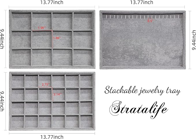 Stratalife Set of 3 Stackable Jewelry Organizer Tray Earring Display Trays Drawer Organizer Inserts Accessory Storage Grey - Image 6
