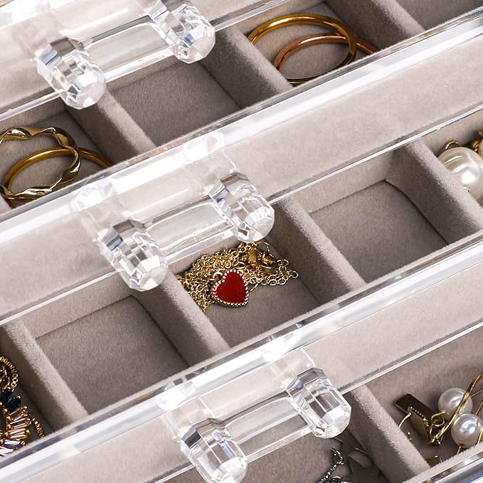 Frebeauty Acrylic Jewelry Organizer Earring Organizer Box with 5 Drawers Earring Holder Organizer with Velvet Trays Clear Jewelry Box for Women Earring Display for Rings Studs(Grey) - Image 4