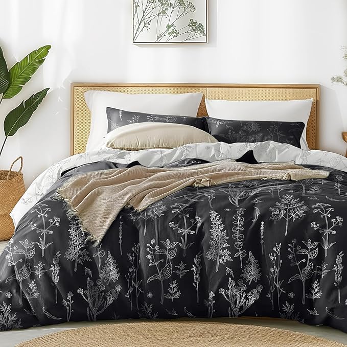 Love's cabin Black Queen Comforter Set - Queen Size Comforter Set, 3 Pieces Cute Floral Bedding Sets for All Seasons,1 Soft Reversible Botanical Flowers Comforter and 2 Pillow Shams