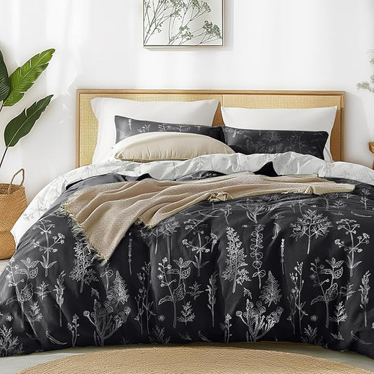 Love's cabin King Size Comforter Set Black - King Comforter Set, 3 Pieces Cute Floral Bedding Sets for All Seasons,1 Soft Reversible Botanical Flowers Comforter and 2 Pillow Shams