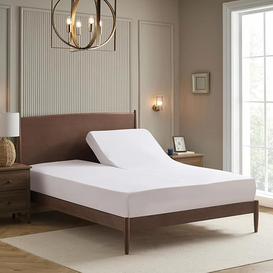 Split Head King Sheets Set for Adjustable Beds 4 Piece Flex Top Bed Sheets – Deep Pocket Split Top Fitted Sheet with Built-in Corner Straps, Luxury Soft Cooling Bedding, Wrinkle Resistant, White