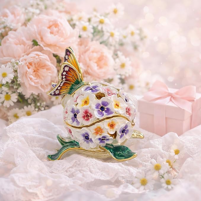YU FENG Enamel Butterfly Trinket Box Jewelry Organizer, Decorative Hinged Keepsake Box – Butterfly with Floral Ball Design - Image 8