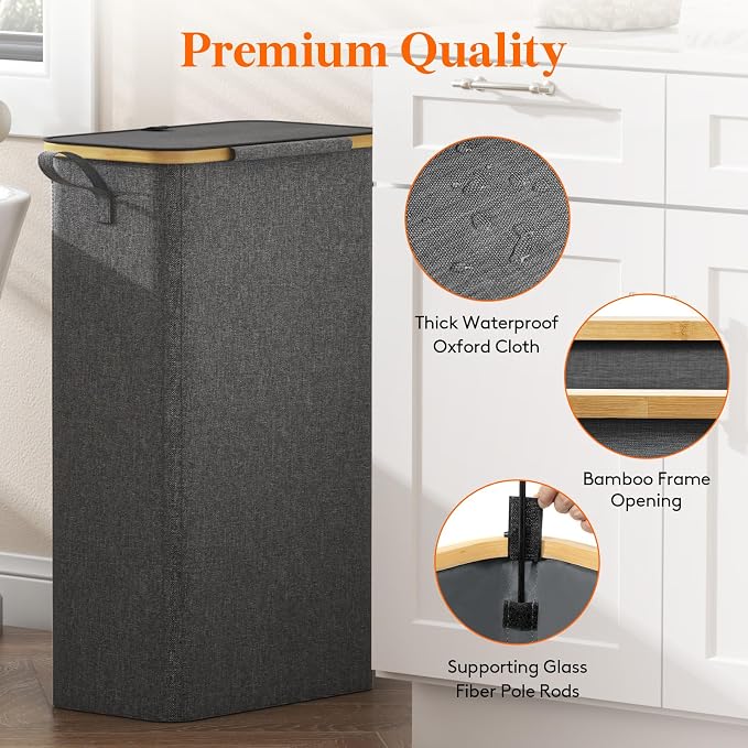 Lifewit 75L Slim Laundry Hamper with Lid, Narrow Laundry Basket with Removable Bag & Bamboo Handles, Fodable Thin Dirty Clothes Hamper for Laundry Collapsible Bin for Bathroom Bedroom Dorm, Dark Gray - Image 7