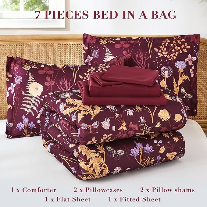 Yiran Queen Comforter Set 7 Piece, Burgundy Floral Bedding Set, Bed in a Bag Queen Size with Botanical Flowers Spring, Soft Lightweight Dark Red Comforters with Sheets Complete for All Season