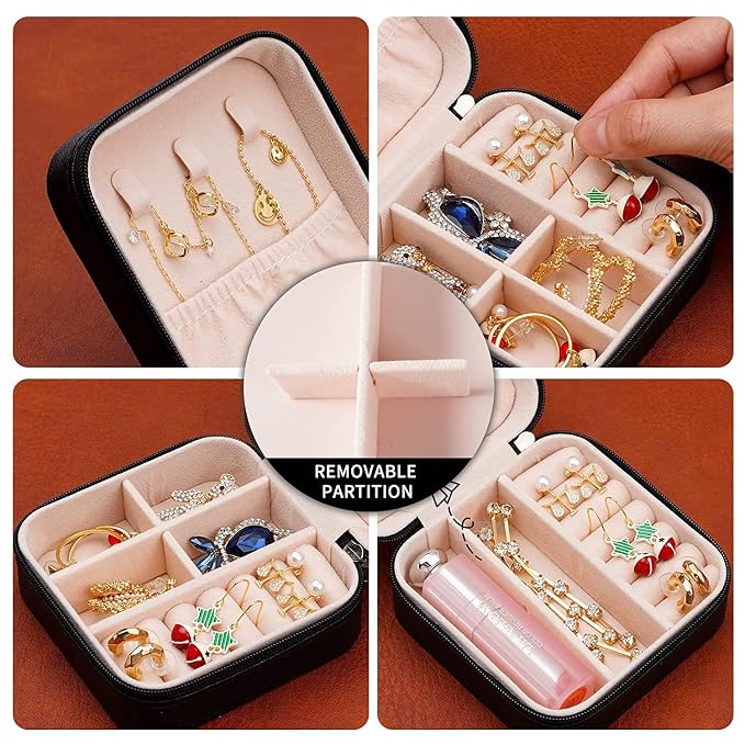 Neveika 2pcs Portable Travel Mini Jewelry Box Leather Jewellery Ring Organizer Case Storage Gift Box Girls Women (black). - Image 5