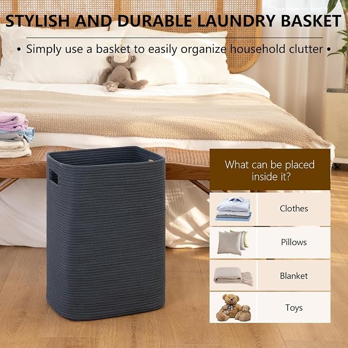 OIAHOMY Laundry Hamper, Laundry Basket，Rectangle Cotton Large Blanket Storage Basket for Living room,Bedroom Woven Decorative Storage for Toys,Clothes,Pillows-16x13x22in-Blue - Image 5