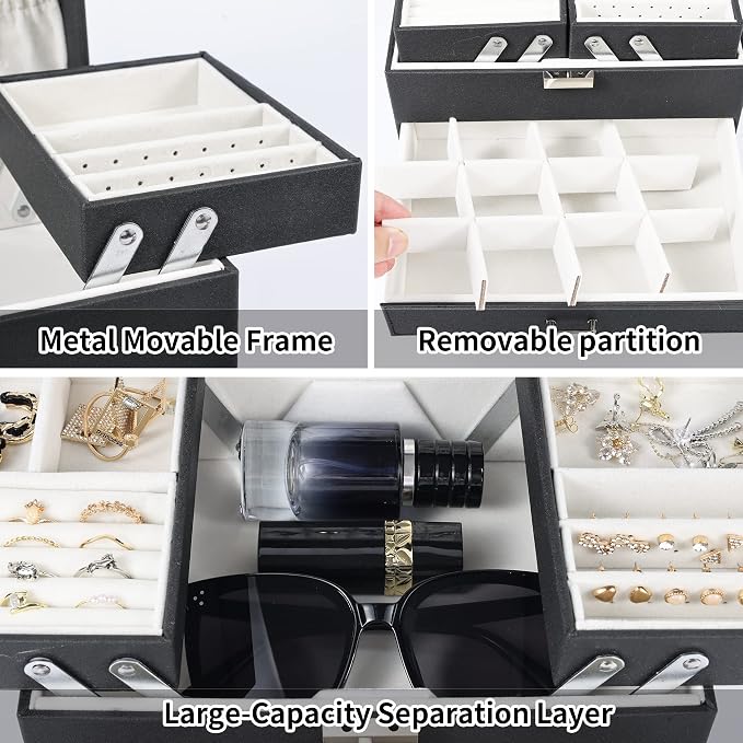 Dajasan Jewelry Organizer Box, Large Jewelry Boxes for Women Girls, Space-Saving 4 Layers Jewelry Storage Case with Drawer, Movable Metal Stand, Modern, Gift Idea (Black + Silver) - Image 5