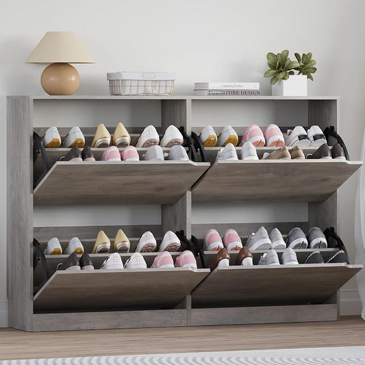 BORNOON Shoe Cabinet with 4 Flip Drawers, Narrow Hidden Shoe Storage Cabinet, Slim Freestanding Shoe Rack Organizer for Entryway, Hallway, Bedroom, Living Room by BORNOON