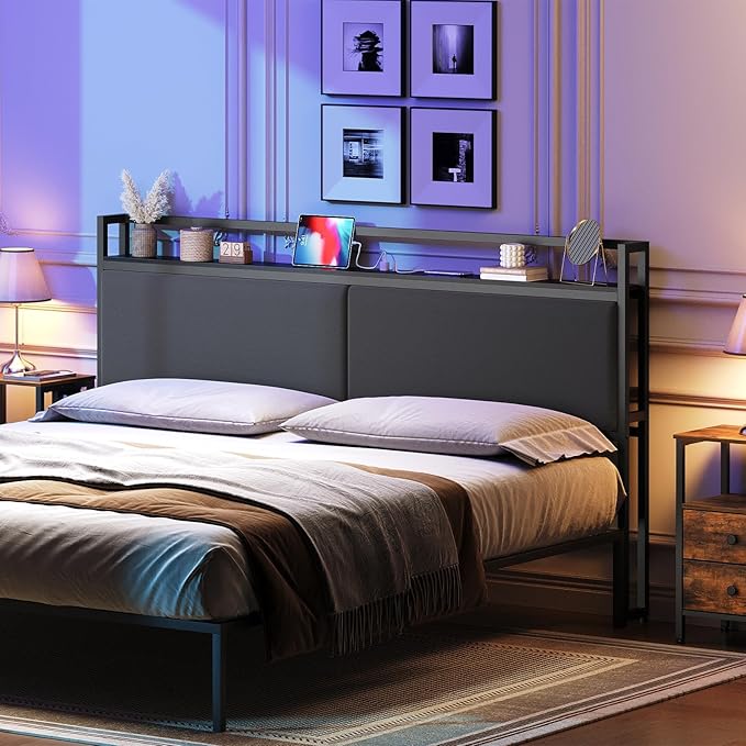 YATINEY King Size Headboard Only, Upholstered King Headboard with Charging Station, Head Board with Open Storage, Height Adjustable, Vintage Style, Sturdy and Stable, Black