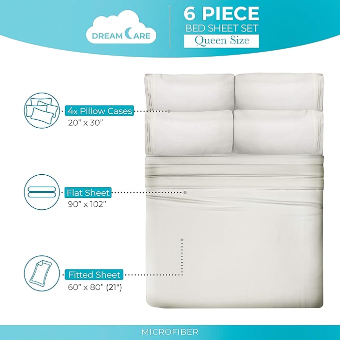 DREAMCARE Queen Sheet Set - 6 pcs Breathable Cooling Bed Sheets - up to 21" Extra Deep Pocket Queen Sheets Set with Side Pockets - Extra Soft 100% Brushed Hypoallergenic Hotel Luxury Bedding - Ivory