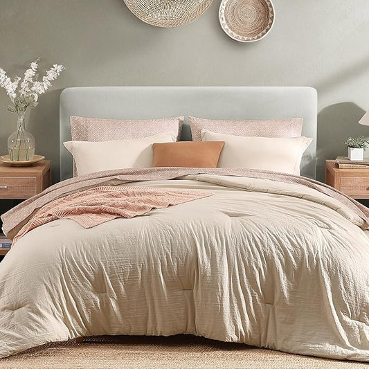 Monbix Queen Comforter Set - 7 Pieces Oatmeal Prewashed Bed in a Bag Queen Bedding Sets with Comforters, All Seasons Ultra Soft Comforter Bed Set with Sheets,Pillowcases & Shams