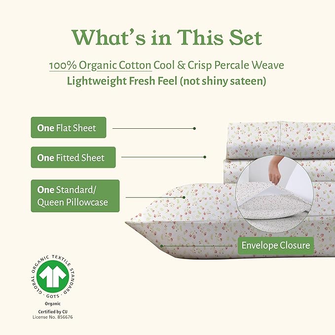 California Design Den Twin XL Floral Bed Sheet, 100% Organic Cotton Percale Sheets, Deep Pocket Twin XL Sheets & Pillowcase Set - Floral