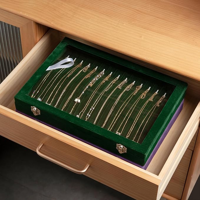 Frebeauty 15 Hooks Necklace Tray Velvet Neckalce Organizer with Clear Lid Lockable Necklace Holder Box Jewelry Organizer for Pendants Chains Necklace Jeweley Tray for Women Girl (Blackish Green) - Image 7