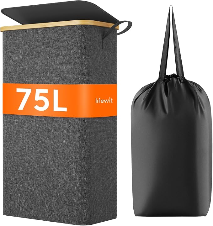 Lifewit 75L Slim Laundry Hamper with Lid, Narrow Laundry Basket with Removable Bag & Bamboo Handles, Fodable Thin Dirty Clothes Hamper for Laundry Collapsible Bin for Bathroom Bedroom Dorm, Dark Gray by Lifewit