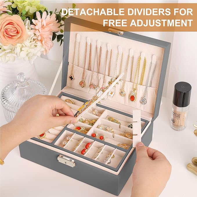Jewelry Box for Women Girls 2 Layer Leather Travel Jewelry Organizer Storage Case with Lock and Removable Tray for Necklace Earrings Rings Bracelets Gift, Come with Polishing Cloth and Jewelry Bags - Image 3