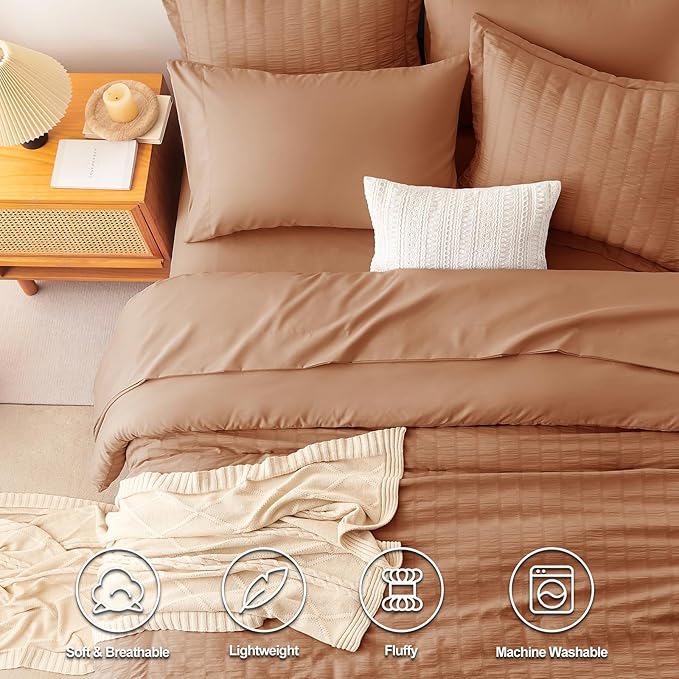 CozyLux King Size Comforter Set Pumpkin Seersucker 7 Pieces Bed in a Bag King Comforter Set with Sheets, Luxury Soft Bedding Set with Down Alternative Comforter, Sheets, Pillowcases & Shams All Season