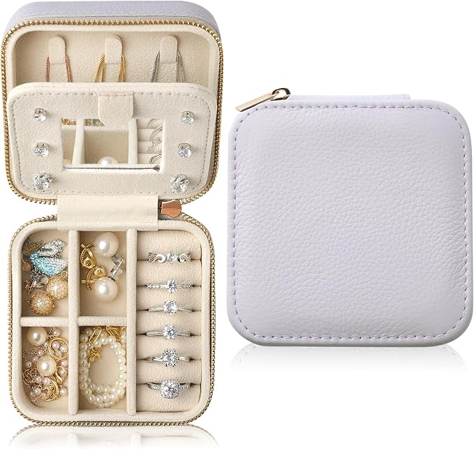 Genuine Leather Travel Jewelry Case Organizer with Mirror for Women, Small Jewelry Box Portable Mini Jewelry Case for Earring, Ring, Necklace, Bracelet（Lychee Grain Purple） by NGVRC