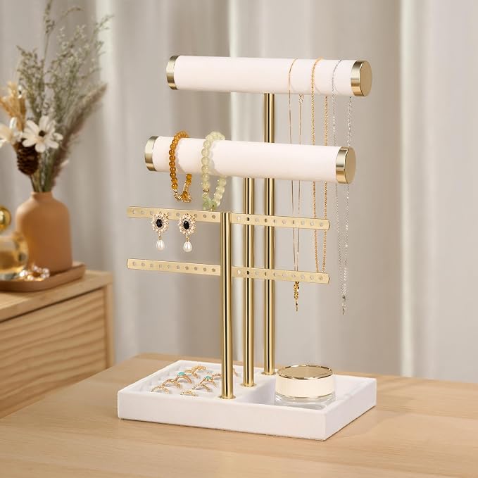 bussdis 3 Tier Bracelet Holder Display - Detachable T Bar White Velvet Bracelet Holder, Jewelry Holder Organizer for Bracelet, Necklace, Earrings, Rings - Image 3