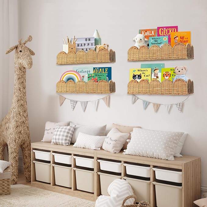 Nursery Book Shelves Set of 2 - Artisanal Natural Rattan Scalloped Book Shelf for Kids Rooms 15.8" W, Cute Wicker Nursery Bookshelf Wall Mounted, Handwoven Floating Kids Bookshelf, Baby Boho Decor - Image 4