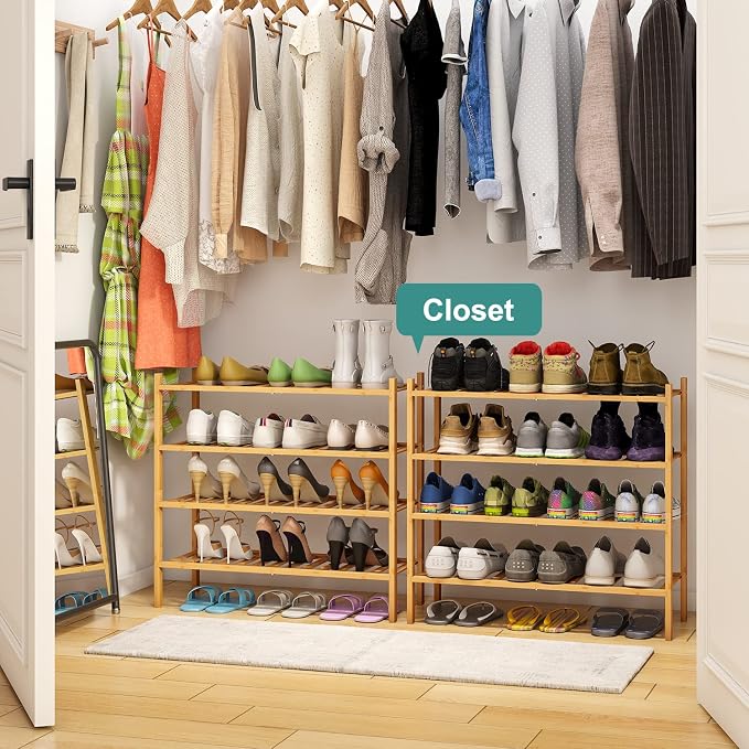 viewcare 4-Tier Bamboo Shoe Rack for Entryway, Stackable | Foldable | Natural, Shoe Organizer for Hallway Closet, Free Standing Shoe Racks for Indoor Outdoor - Image 2