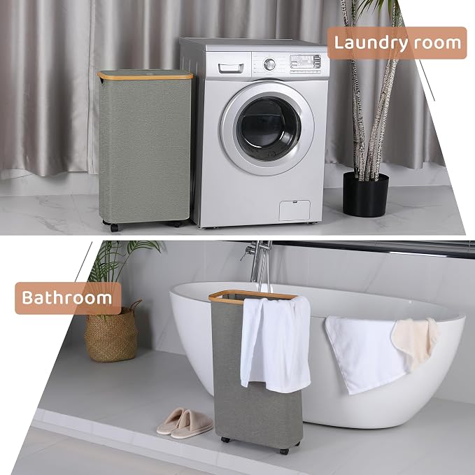 Slim Laundry Basket with Wheels,Narrow Hampers for Laundry, Laundry Hamper with Lid&Bamboo Handles,Dirty Clothes Hamper for for Bathroom Bedroom Dorm, 60L Grey - Image 7