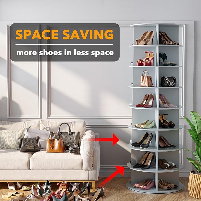 SpaceAid 8 Tier Rotating Shoe Rack Tower, Spinning Shoe Display Lazy Susan, Revolving 360 Shoe Rack Storage Round Carousel, Vertical Handbag Rotate Shoes Closet Organization (8-Tier Gray) - Image 3