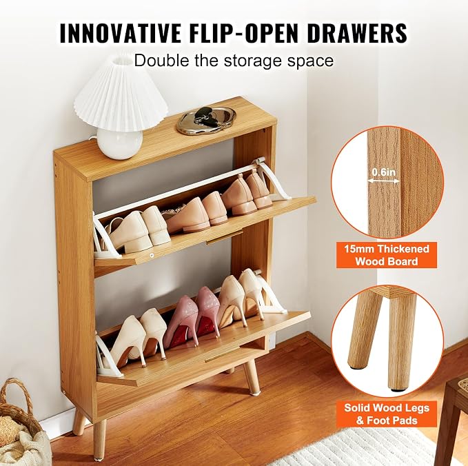 VEVOR Shoe Cabinet with 2 Flip Drawers, Shoe Storage Cabinet for Entryway, Free Standing Shoe Storage Organizer with Rattan Doors for Heels, Boots, Slippers in Hallway, Living Room - Image 7
