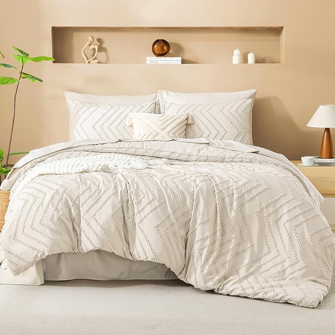 Litanika Oversized Queen Size Comforter Set with Sheets Beige - 7 Pieces Bed in a Bag Oversized King Boho Tufted Complete Bedding Sets with Comforter, Sheets, Pillowcases & Shams