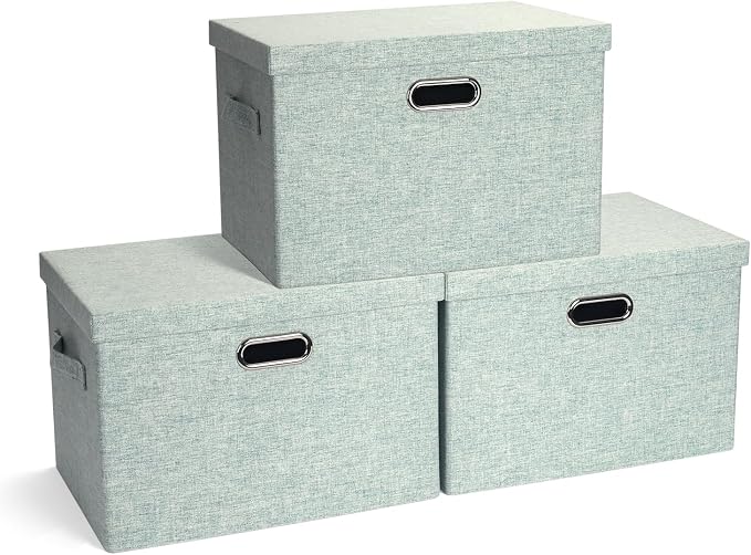 Graciadeco Large 17" 36 Quart Collapsible Stackable Storage Bins with Lids, 3 Packs Light Green Linen Fabric Closet Boxes with Lids, Storage Cube Baskets Container Organizers for Office (17x12x11) by GraciadecoStorage