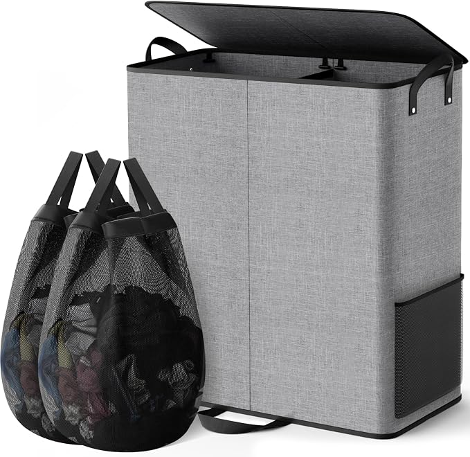 Large Double Laundry Hamper with Lid, Removable Bags & Reinforced Handles, 2 Section Tall Laundry Basket, Dirty Clothes Hampers for Laundry Room, Bedroom, Bathroom, Dorm, 155L, Gray by Unknown