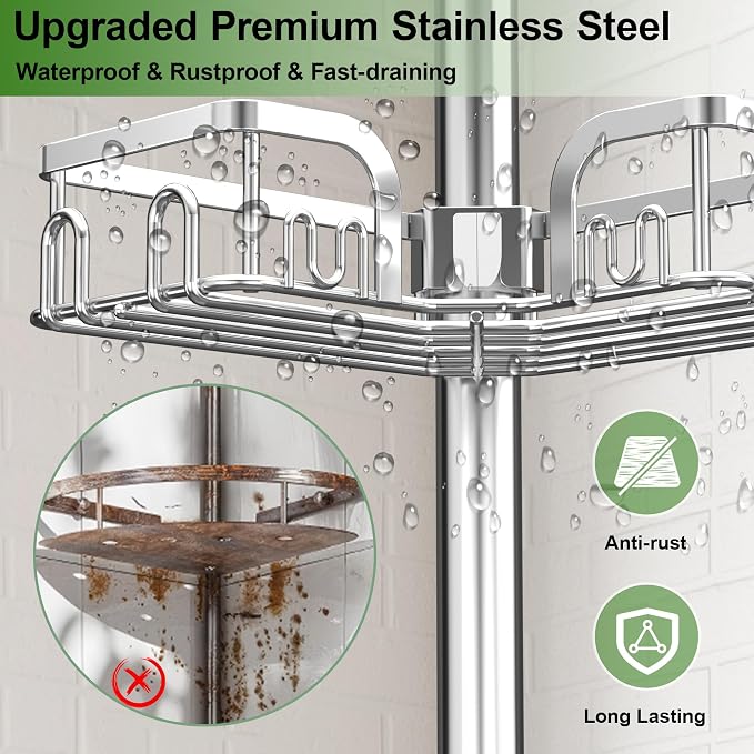Corner Shower Caddy Tension Pole 4 Tier Adjustable Stainless Steel Shower Shelf for Inside Shower Bathtub Shampoo,Standing Bathroom Organizer Shelves with 39 to 113 inch Height - Image 5