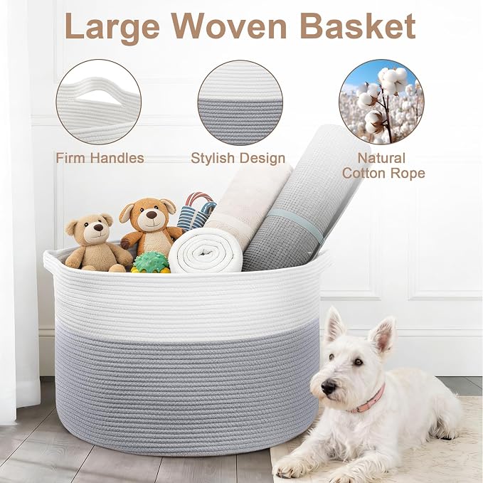 XXXL Large Laundry Basket, 105L Soft Cotton Rope Basket, Blanket Storage and Organizers, Baby Nursery Laundry Hamper, Extra Large Toys Storage Bins for Kids 23.6'' x 14.6'', White & Gray - Image 5