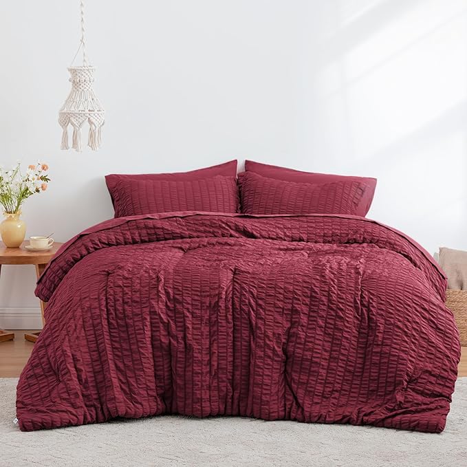 Love's cabin Seersucker Burgundy Twin XL Comforter Set, 5-Piece All Season Lightweight Bed in a Bag Bedding Set with Comforter, Flat Sheet, Fitted Sheet, Pillowcase and Sham | Soft, Breathable, Lightweight